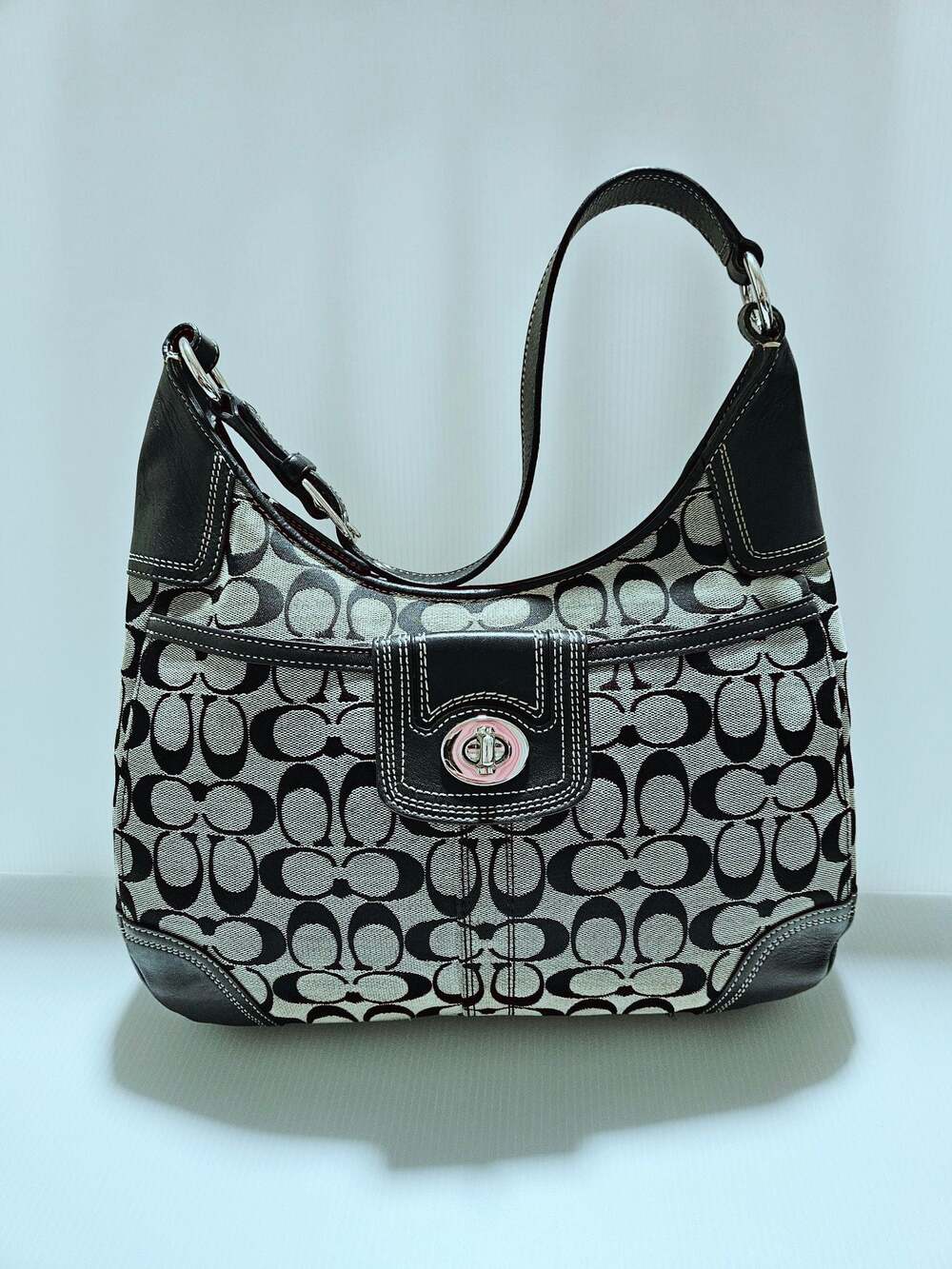 Vintage Coach Signature Black and White Canvas Hobo Bag with Turnlock Closure